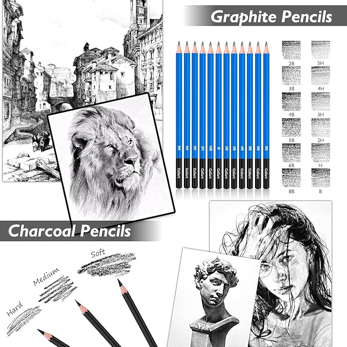 Caliart 176PCS Art Supplies Sketching Kit with 100 Sheets 3-Color Sketch Book, Graphite Colored Charcoal Watercolor & Metallic Pencils, Drawing Supplies Set Gifts for Artists Adults Beginners