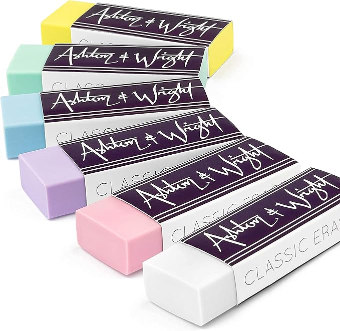 Ashton and Wright - Classic Eraser - Latex Free Plastic Rubber - [Pack of 6] - Pack of 5 Pastel + 1 White