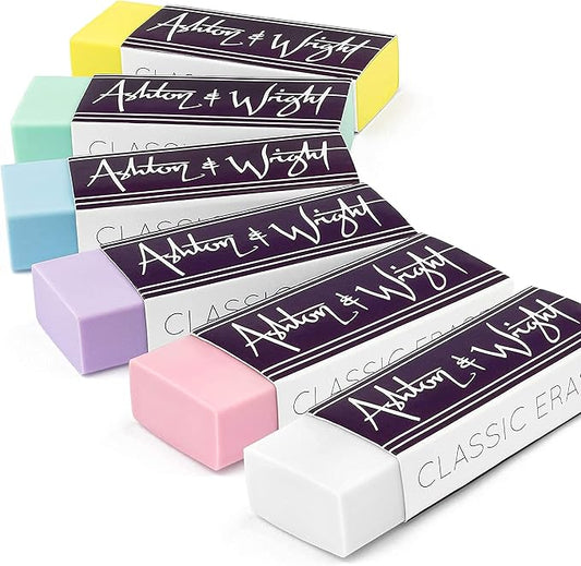 Ashton and Wright - Classic Eraser - Latex Free Plastic Rubber - [Pack of 6] - Pack of 5 Pastel + 1 White