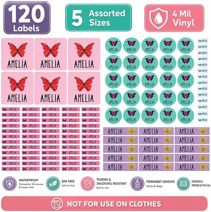 Andaz Press Custom Personalized Waterproof School Name Labels, Butterflies, 120-Pack, Kids Labels Combo Pack, Customizable Multi-Use Name Stickers for Preschool, Daycare, Back to School Supplies