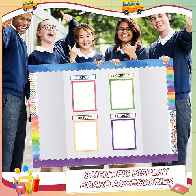 Fuyoooo 90 Pcs Science Fair Board Supplies 60 Trim Scalloped Bulletin Board Borders 24 Presentation Board Subtitles 6 Science Fair Titles for Classroom Display Boards (Watercolor)