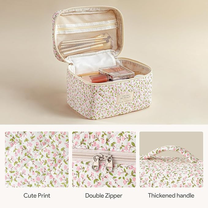 HBselect Quilted Makeup Bag, 3Pcs Cotton Large Travel Makeup Bags Organizer | Cute Floral Make up Bag Cosmetic Bag Toiletry Bag for Women Girls, Makeup Pouch for Skincare, Brushes & Travel Essentials