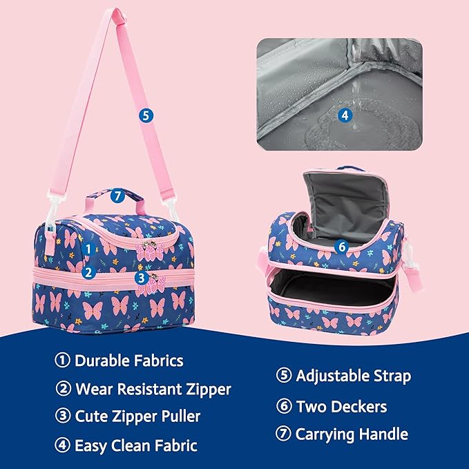 Insulated Kids Dual Compartment Lunch Bags Tote for Girls Boys Toddler Lunch Boxes Pre-School Toddler Kindergarten Picnic Camp Food Cooler Thermal with Strap (ZPINK‌BTFLY)