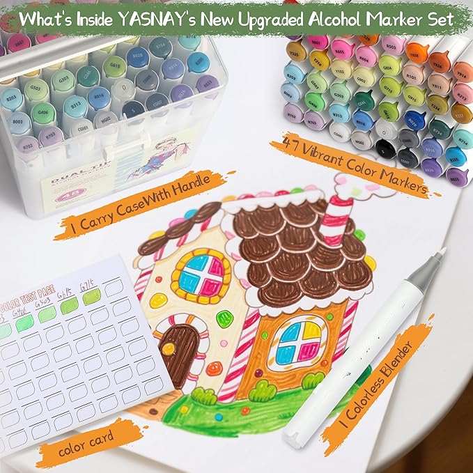 YASNAY Alcohol Markers, 48 Colors Dual Tip Art Marker, Drawing Markers, Coloring Marker for Sketching Adult Coloring (Carrying Case 48 Colors)