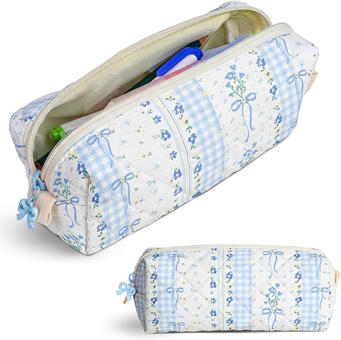 Cute Quilted Pencil Case for Girls Women, Aesthetic Small Floral Pencil Pouch,Slim Soft Pencil Bag for School Supplies Makeup Pouch for School & Daily Use (Blue Bow Floral)
