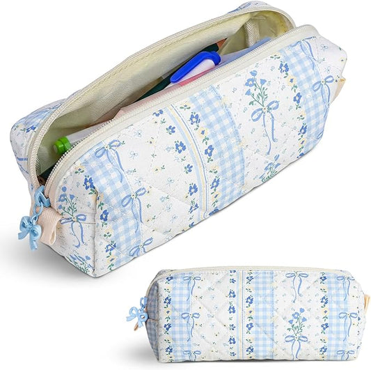 Cute Quilted Pencil Case for Girls Women, Aesthetic Small Floral Pencil Pouch,Slim Soft Pencil Bag for School Supplies Makeup Pouch for School & Daily Use (Blue Bow Floral)
