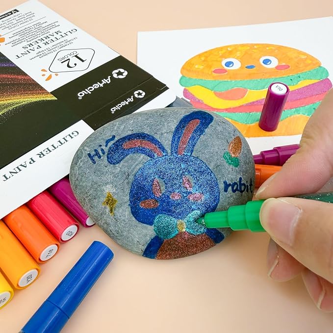 Artecho Glitter Paint Pens, 12 Colors Acrylic Glitter Markers with 0.7mm Extra Fine Tip for Rock Painting, Stone, Ceramic, Glass, Wood, Scrapbooking, Card Making and DIY Craft Art Supplies