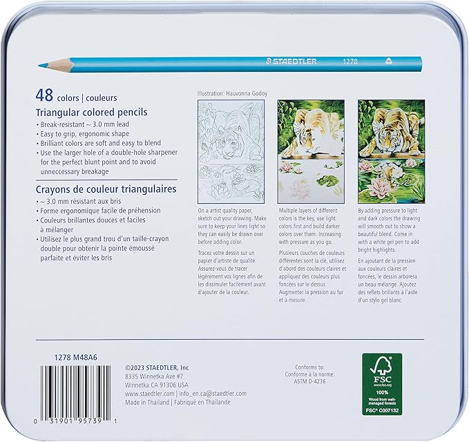Staedtler Colored Pencils, Triangular Barrel, 48 Pack Assorted, Metal Tin 1278 M48