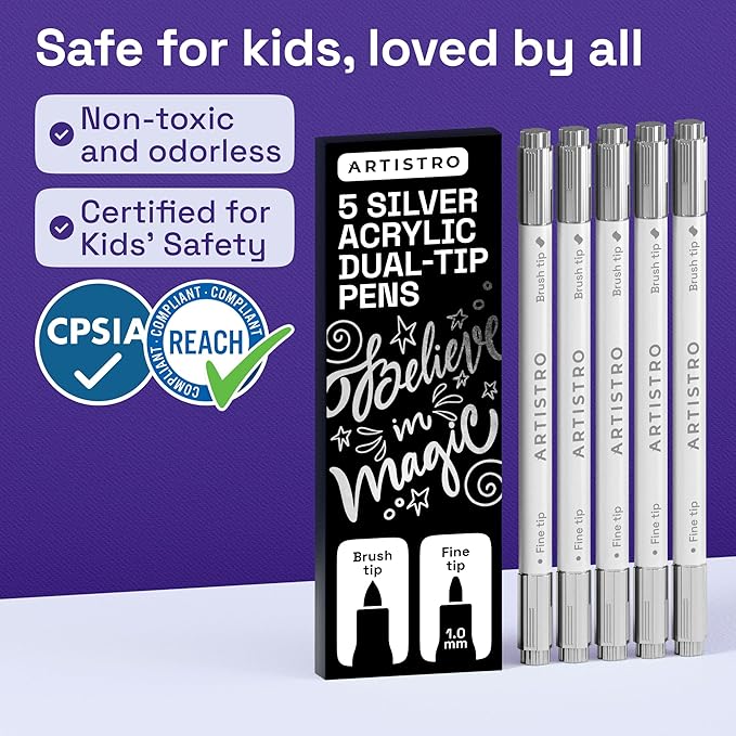ARTISTRO 5 Silver Acrylic Paint Markers - Paint Pens for Drawing, Brush + Fine Tips - For Fabric, Rock, Glass, Wood, DIY - Art & Craft Supplies for Adults, Teens, Kids - Teacher Appreciation Gift