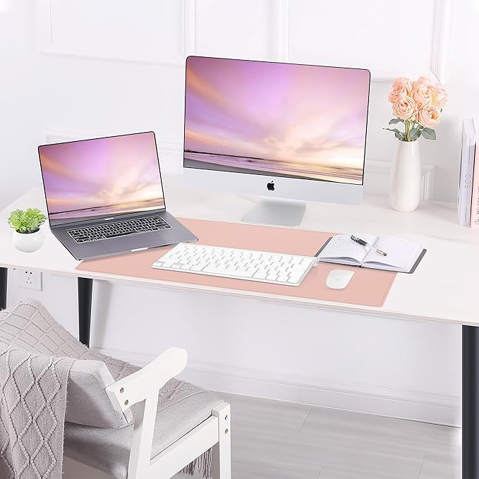 AFIING Leather Desk Pad Protector, Large Mouse Pad, Dual-Sided PU Leather & Natural Cork Desk Mat, Non-Slip Waterproof Laptop Desk Blotter for Office and Home, 23.6" x 13.7",Pink