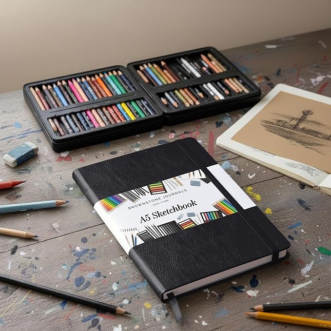 BROWNSTONE JOURNALS A5 Sketch Book Hardcover - 80 Sheets 100 GSM Paper 5"x8", Lay Flat, Vegan Leather Cover, Elastic Band, Back Pocket, Art Drawing Book (Charcoal Black)