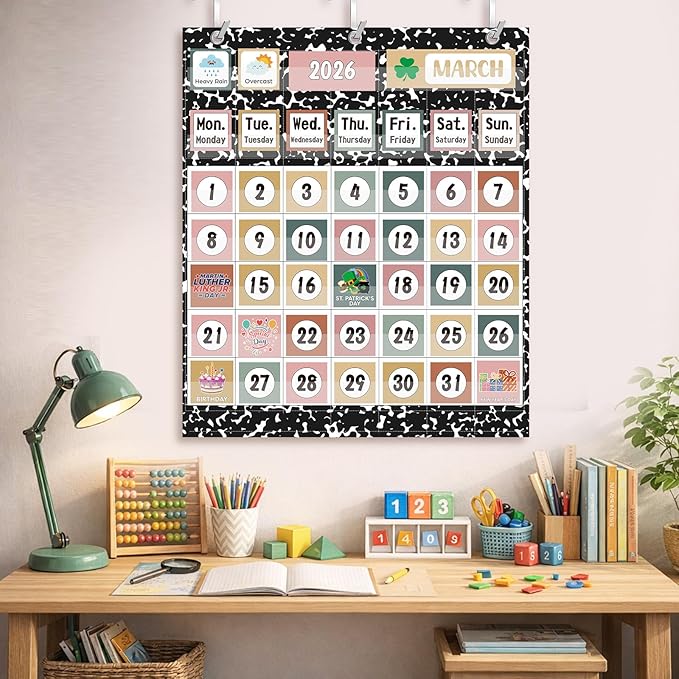 Tinlade Classroom Calendar Pocket Chart Set with 115 Cards 24 x 28 Inch Modern Farmhouse Calendar Bulletin Board Pocket 2026-2033 Festival Weather Teacher Supplies for Back to School Wall Decoration