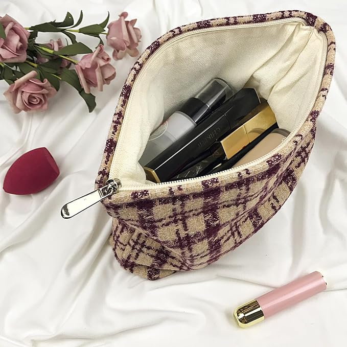 GUTGNK Corduroy Ladies Cosmetic Bag, Large Capacity Canvas Cosmetic Bag Travel Toiletry Bag Accessories Organizer, Purple Check