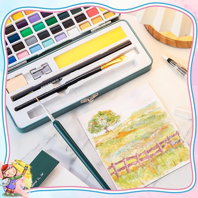 Prudiut 50 Colors Watercolor Paint Set, With Watercolor Paper, Palette, Brushes, Water Color Art Supplies for Beginner Artists Adults Mothers Day Gifts for Mom
