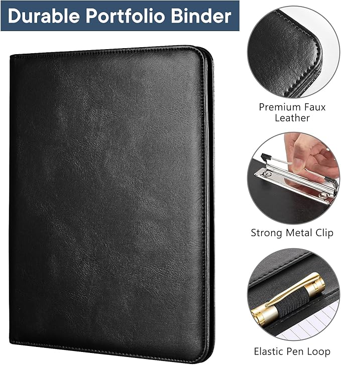 Professional Padfolio with Clipboard, Portfolio Folder Binder, 8.5 x 11 Legal Pad Holder for A4 Letter Size Notepad, Resume, Writing Pad Ideal Organizer for Business Office Conference (Black, 4-Pack)