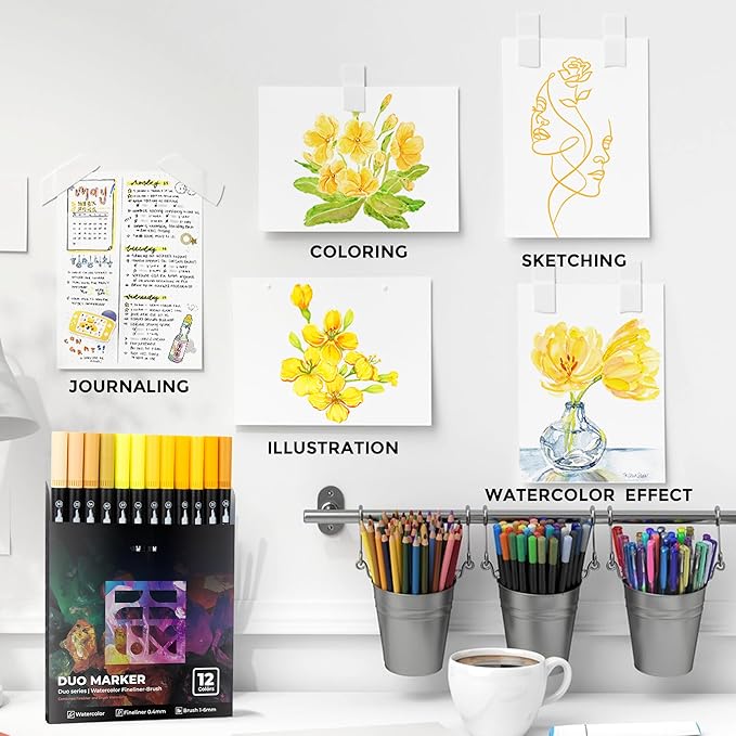 ZSCM Yellow Duo Tip Marker Pens, 12 Pack Fine & Brush Markers for Adult Coloring Books No Bleeding, Sunshine Yellow Markers for Summer Themes, Sunflower Art, Energetic Accents and Happy Doodles