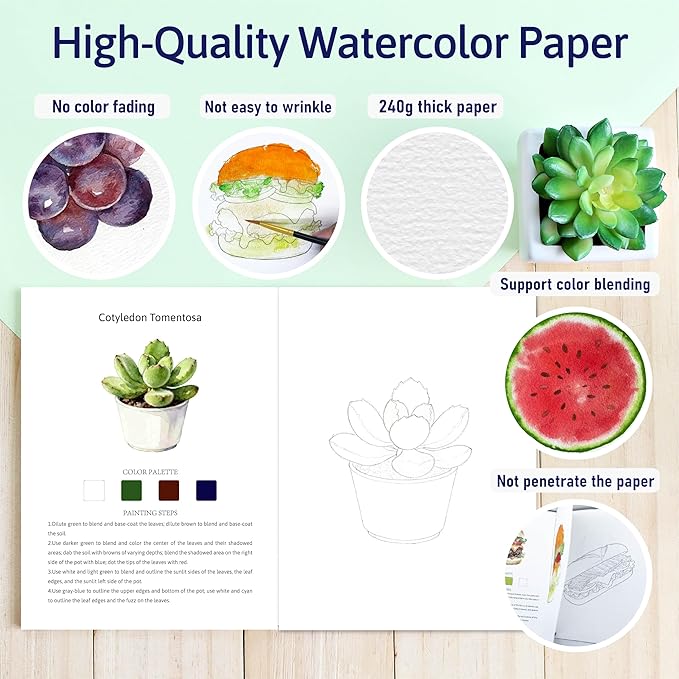 CraftyManor Watercolor Workbook Creative Fruit Water color Paint Book Set with Paints & Brush, 12 Patterns of Original DIY Designs, Beginner-Friendly Adult Coloring Books (Succulent)