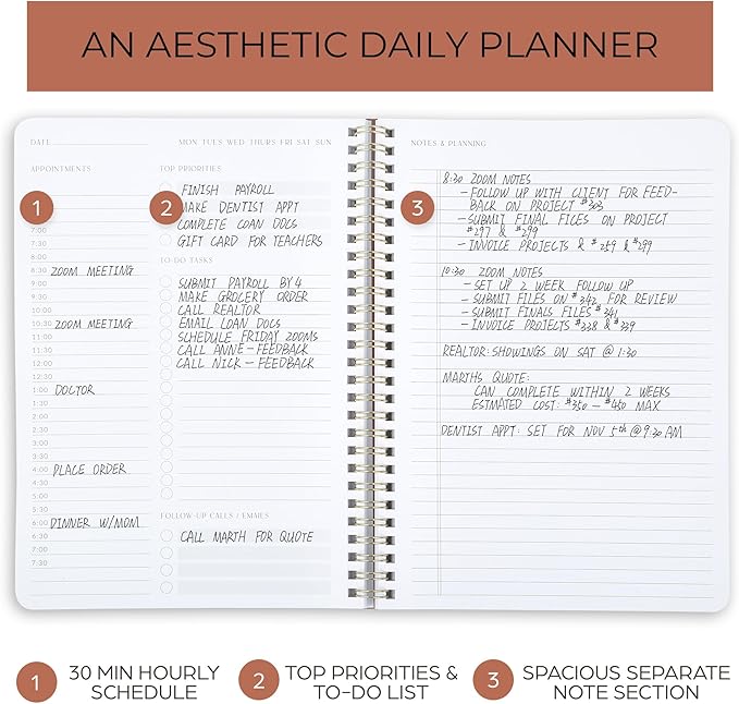 ZICOTO Beautiful Daily Planner And Notebook With Hourly Schedule - Aesthetic Spiral To do List Notepad to Easily Organize Your Work Tasks And Appointments - The Perfect Office Supplies For Women
