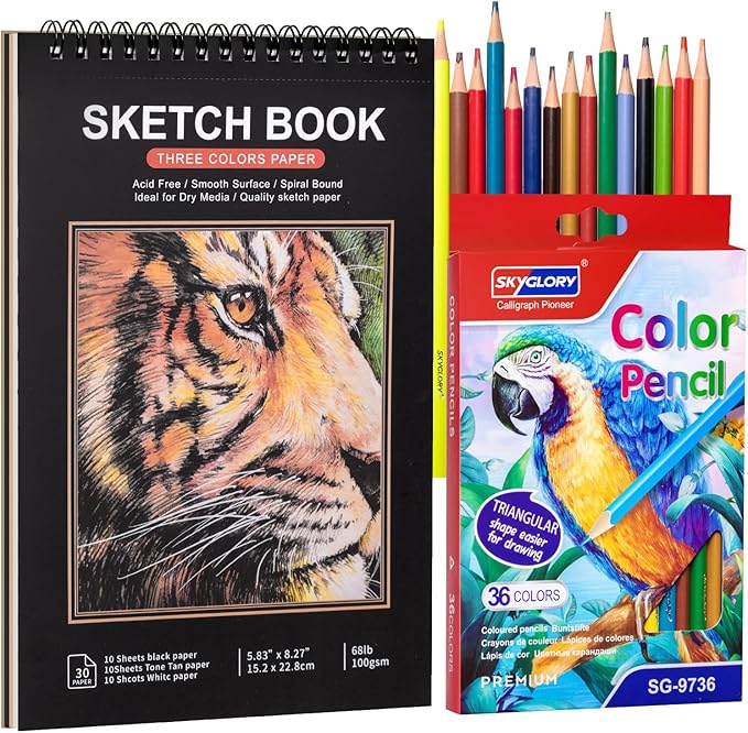 Drawing Sketchbook Kit, A5 Sketch Book with 36 Color Pencils, Three Color Black Sketch Pad, Acid-Free Sketch Pad for Kids, Artist, Art Paper Drawing Supplies for Gifts (5.8×8.3 inch)