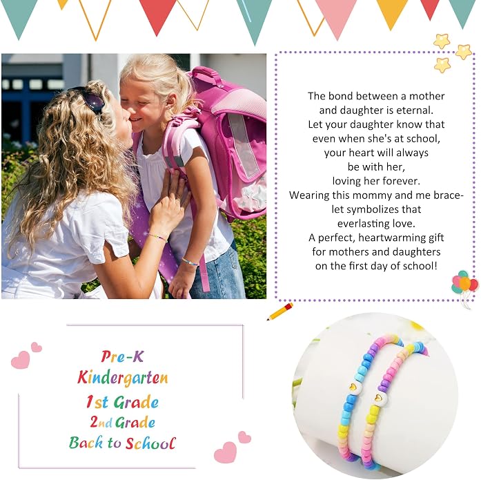 BAYLAY Back to School Bracelet - First Day of School Preschool/Kindergarten/1st Grade/2nd Grade/Back to School Stuff Gifts Supplies Mommy and Me Mommy Daughter Bracelets Heart Beaded Bracelets Gifts
