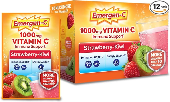 Emergen-C 1000mg Vitamin C Immune Support Powder Strawberry Kiwi 30CT Includes Zinc, Manganese, 7 B Vitamins and Electrolytes for Back to School Essentials (Pack of 12)