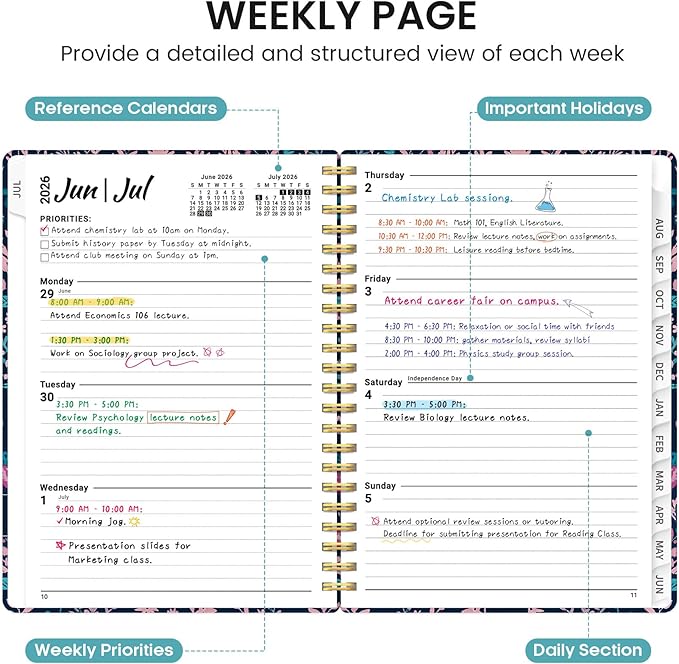 Planner 2026-2027, Academic Monthly and Weekly Calendar Planner for Women, July 2026 - June 2027, Hardcover Pretty Agenda Planner Book with Tabs, Spiral Daily Organizer for School Office Home Supplies, 6.3" x 8.5" - Nordic Forest