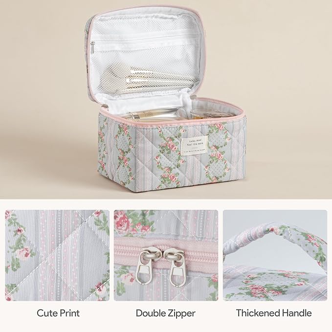 HBselect Quilted Makeup Bag, 3Pcs Cotton Large Travel Makeup Bags Organizer | Cute Floral Make up Bag Cosmetic Bag Toiletry Bag for Women Girls, Makeup Pouch for Skincare, Brushes & Travel Essentials