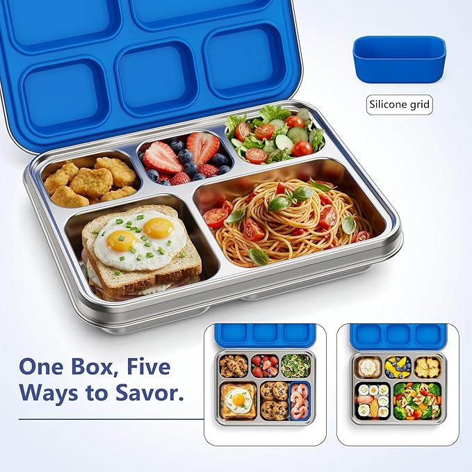Pawtong Stainless Steel Lunch Box, 5-Compartment Bento Lunch Box for Kids & Adults,Metal Lunch Box with Removable Silicone Container, Lunch Box Containers for School,Office (Blue)