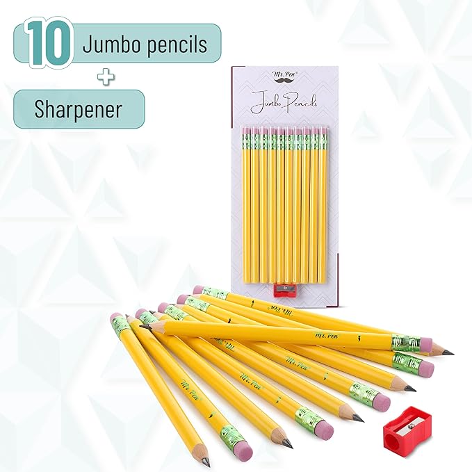 Mr. Pen- Jumbo Pencils, 10 Pack with 1 Sharpener, Yellow Barrels, Smooth Black 2 HB Graphite Cores, Large Preschool Pencils, Smooth Writing Lead for Kindergarten, Kids and School Supplies