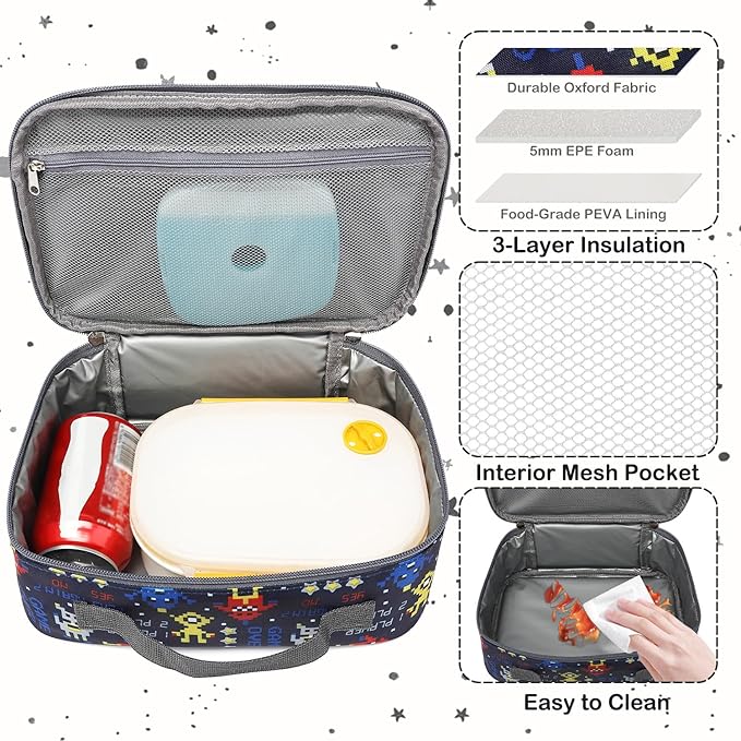 FlowFly Kids Lunch box Insulated Soft Bag Mini Cooler Back to School Thermal Meal Tote Kit for Girls, Boys, Robot