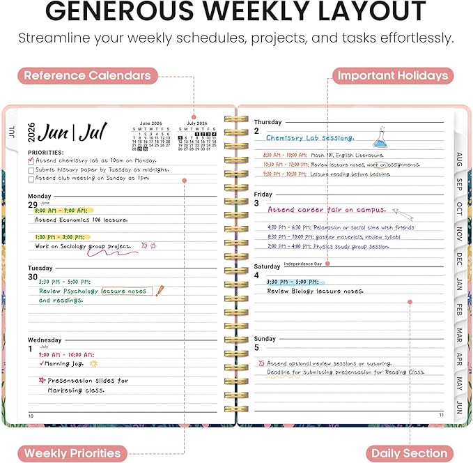 Planner 2026-2027, Academic Year Monthly and Weekly Calendar Planner, Jul 2026 - Jun 2027, Hardcover Teacher Student Planning Agenda book with Tabs, Perfect for School Office Supplies, 6.3" x 8.5" - Meadow Wanderer