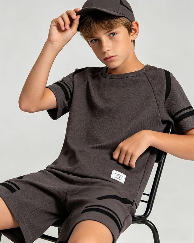 Cakaner Tween Boys Clothes Summer Simple Print T-Shirt And Shorts Set 2 Pieces Teen Trendy Outfits Size 7-14 Year