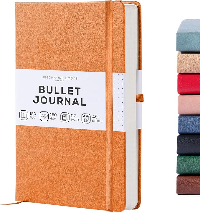 BEECHMORE BOOKS A5 Dotted Journal – 160gsm Thick Paper No-Bleed Bullet Notebook – Hardcover Dot Grid Logbook with Presentation Gift Box – Vegan Leather Sketchbook for Artists & Professionals