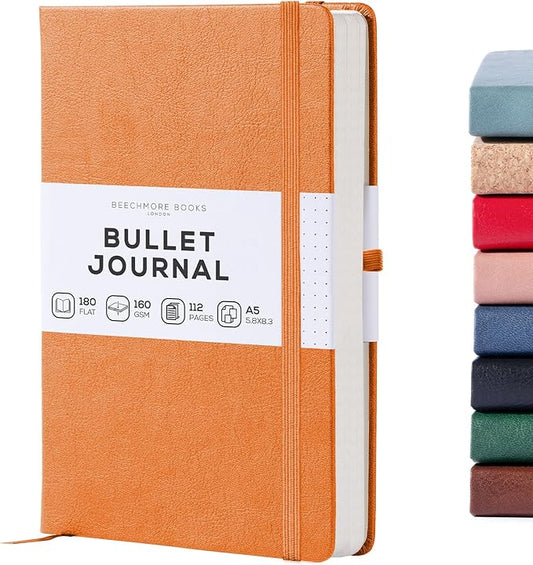 BEECHMORE BOOKS A5 Dotted Journal – 160gsm Thick Paper No-Bleed Bullet Notebook – Hardcover Dot Grid Logbook with Presentation Gift Box – Vegan Leather Sketchbook for Artists & Professionals