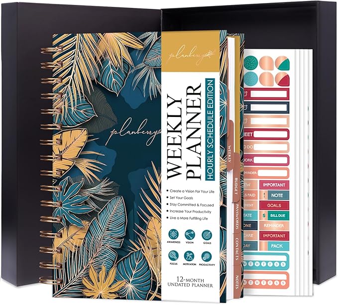 PLANBERRY Hourly Schedule Planner Premium – Undated Weekly Organizer with Time Slots & Monthly Budget – Time Management, Goal Setting, To-Do List & Habit Tracker –6.9″x8.5″(Tropical Forest)