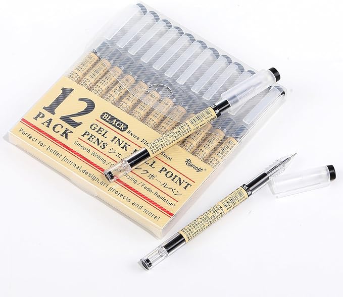 Japanese Style Black Gel Ink Pens, 0.35mm Extra Fine Point, No Smudge Quick Drying, Japanese Ink Pen for Journal Planners, Thin Notebook Paper, Office School Supplies, 12 Pack, Writing Drawing