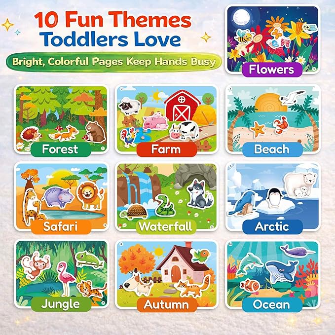QUOKKA Jelly Sticker Books for Toddlers 1-3, 10 Animal Topics, 40+ Large Thick Reusable Stickers, Waterproof Washable Toddler Activity Busy Book, Learning Toys for Shapes Colors Matching Animals