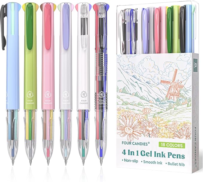 Four Candies Multicolor Pen, 4-in-1 Gel Ink Pens, 6 Pack, 18 Colors, 0.5mm | Retractable Multi Color Pens Fast Dry, Gift Pens for Planner Journaling,Back to School Supplies & Nurse Accessories for Work