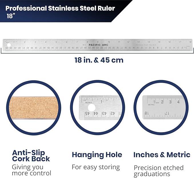 2 Pack Pacific Arc Stainless Steel 18 Inch Metal Ruler Non-Slip Cork Back, with Inch and Metric Graduations