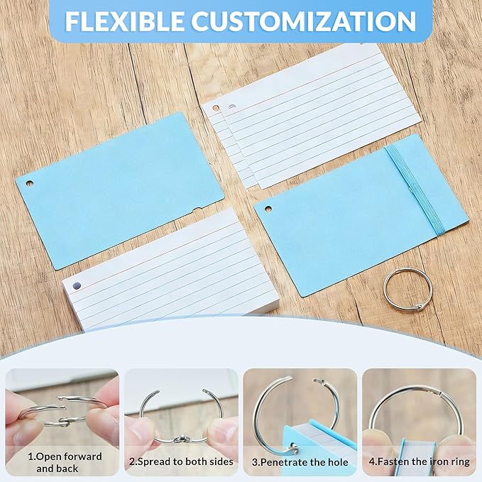 NEEWAY Ruled Index Cards with Ring 3x5 Inches, 200 Count Note Cards Lined, Flash Cards with Rings for Studying, Home and Office (Light Blue)