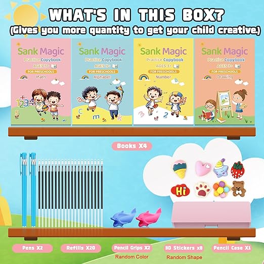 Grooved - 4 children's magic copybooks, Four-in-one pink pencil case set, magic grooved writing practice for kids, magic disappearing writing practice, grooved handwriting practice for kids.
