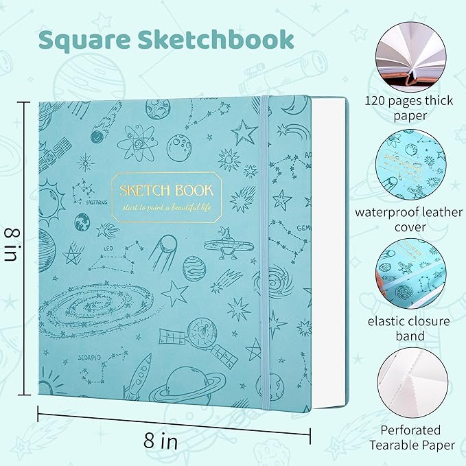 FLYING EAGLE Blue Sketchbook for Kids, 8"X 8" Square Sketch Book & Drawing Pad, 60 Sheets/120 Pages, 120lb/200GSM Heavy Paper, Bleed-Resistant Hardcover Drawing Book for Girls Teens, Gift Boxed