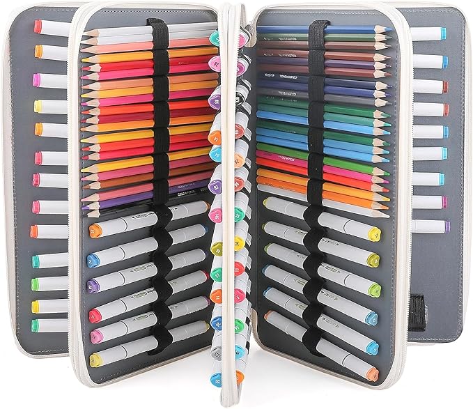 Vomgomfom 300 Slots Marker Bag, 4-Layer Zipper Portable Art Supply Organizer, PU Leather Large Capacity Marker Case Holds 100 Markers or 300 Colored Pencils with Handle (White)