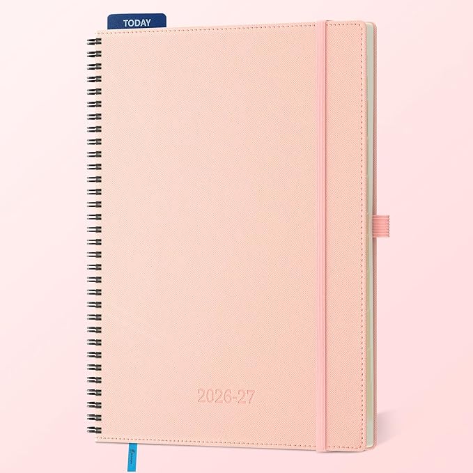 Planner 2026-2027 Daily Weekly and Monthly,11.5"x8.5",18 Months Spiral Bound Calendar Agenda with Self-adhesive Pen Holder,2026 Academic Plan with Vegan Leather Soft Cover,Pink