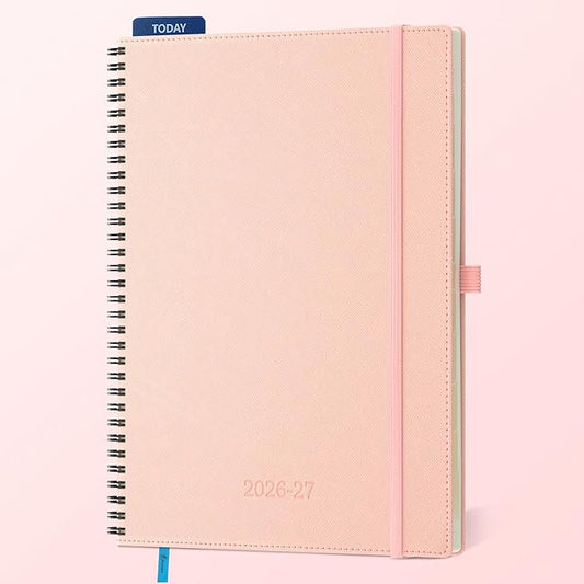 Planner 2026-2027 Daily Weekly and Monthly,11.5"x8.5",18 Months Spiral Bound Calendar Agenda with Self-adhesive Pen Holder,2026 Academic Plan with Vegan Leather Soft Cover,Pink