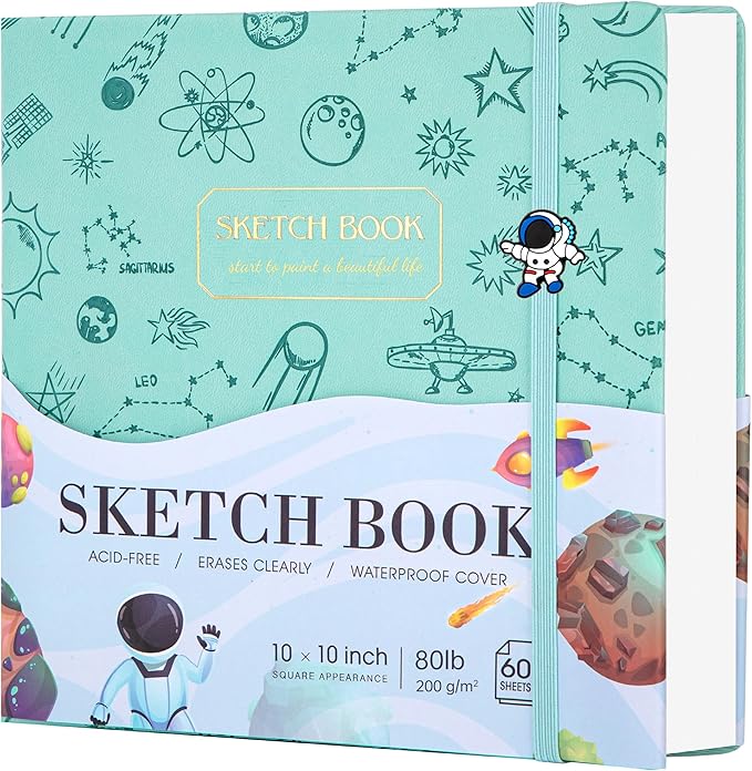FLYING EAGLE Sketch Book for Kids 10"X 10" Large Hardcover Sketchbook for Drawing 120GSM Thick Paper, Square Art Drawing Paper 120 Pages Sketch Pad for Boys Teens,Gift Boxed, Green
