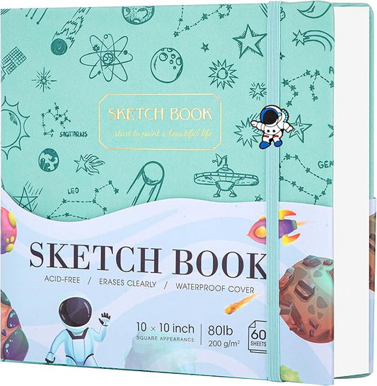 FLYING EAGLE Sketch Book for Kids 10"X 10" Large Hardcover Sketchbook for Drawing 120GSM Thick Paper, Square Art Drawing Paper 120 Pages Sketch Pad for Boys Teens,Gift Boxed, Green