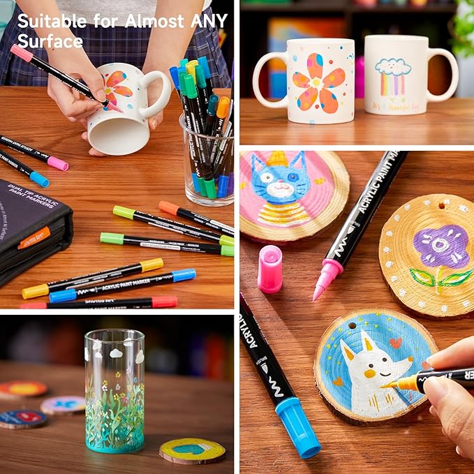 Shuttle Art 80 Colors Dual Tip Acrylic Paint Markers, Brush Tip and Fine Tip Acrylic Paint Pens for Rock, Ceramic, Wood, Canvas, Plastic, Glass, Stone, Calligraphy, Card Making, DIY Crafts