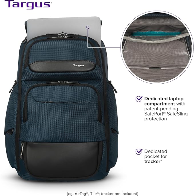 Targus HeritageLuxe Backpack 15-16” – Blue Laptop Bag with SafeSling Protection, RFID Pocket, USB-C Charging, Tracker Slot, Eco Fabric, Leather Accents - TBB65602GL