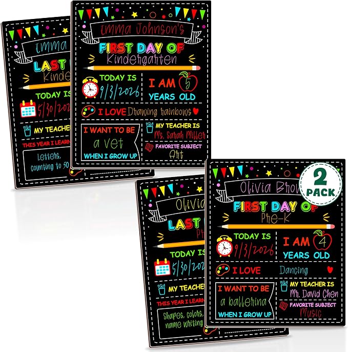 2PCS First Day of School Sign, Double-Sided 1st Last Day Chalkboard | 10 × 12 Inches, Reusable Pre-K Board, Easy to Clean Back to School Sign Board for Kids
